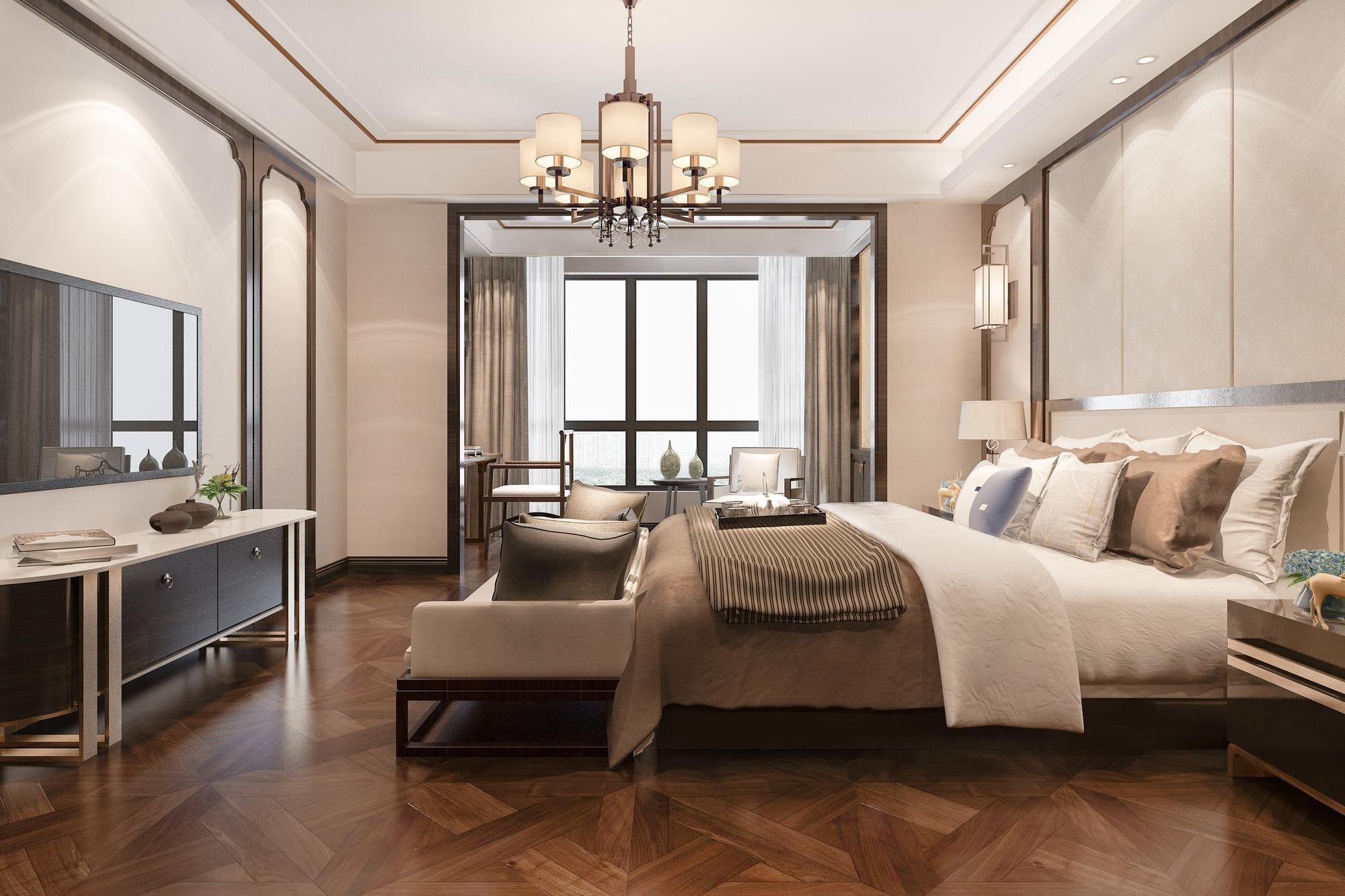 Modern bedroom featuring a luxury gypsum ceiling design with elegant crown molding and chandelier lighting