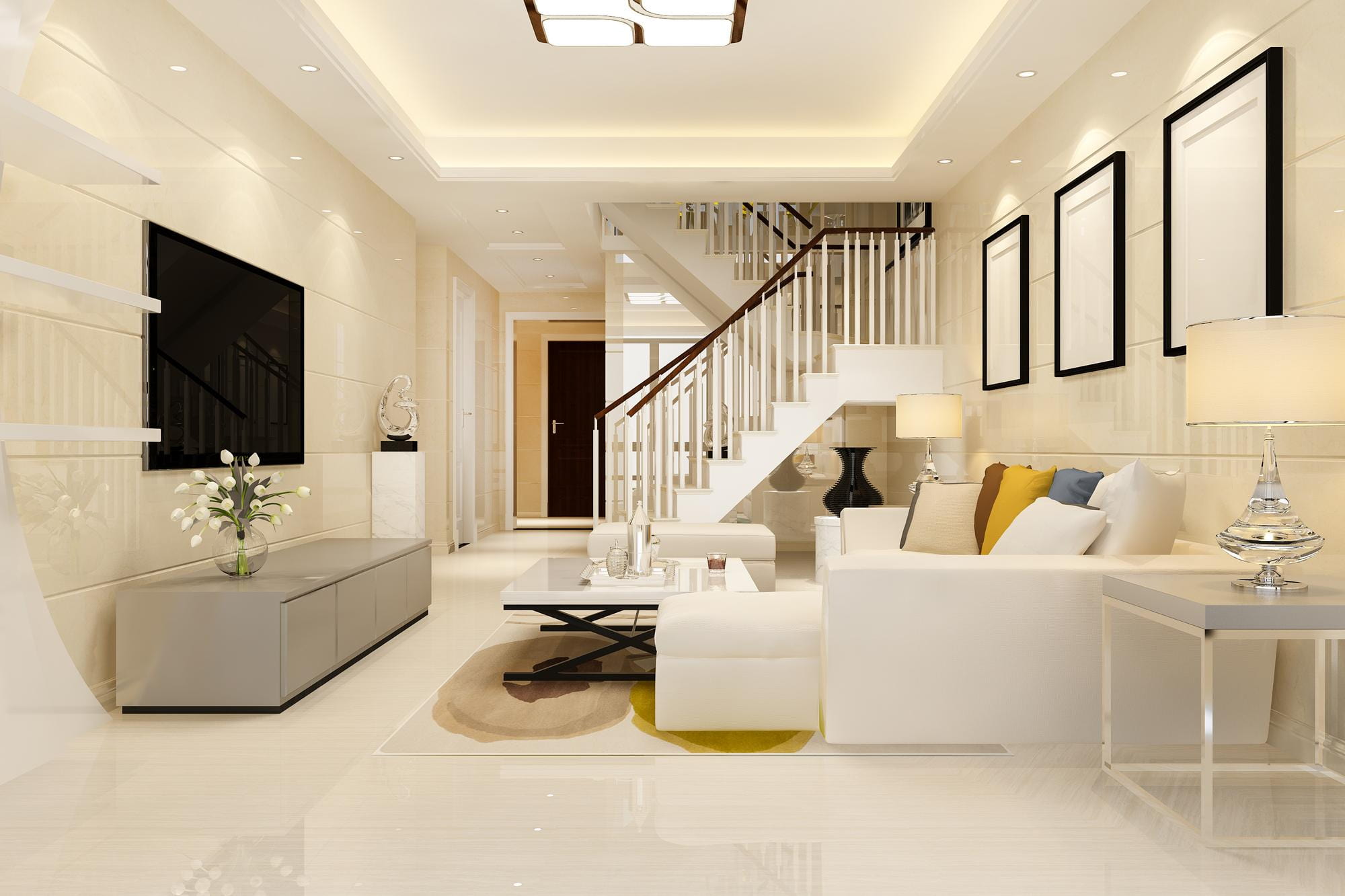 Modern stepped gypsum ceiling with white walls and marble flooring