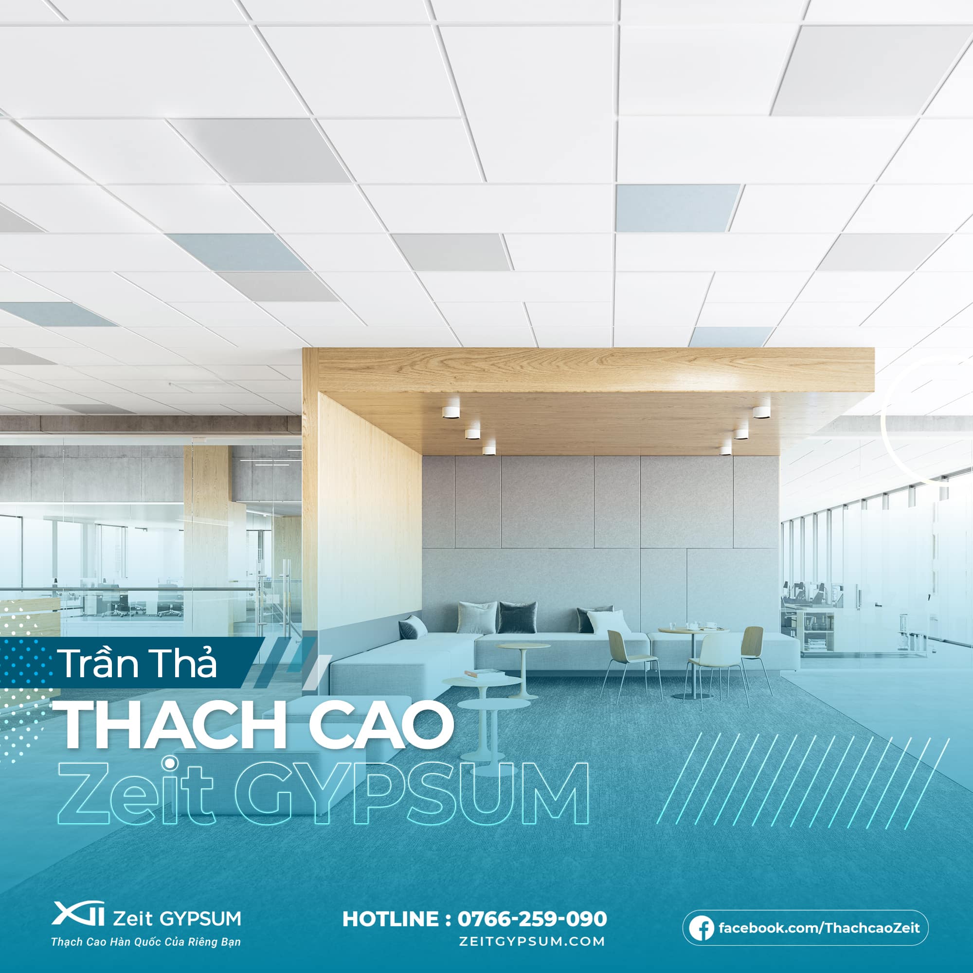 Trần thạch cao Zeit Gypsum cho không gian văn phòng hiện đại, thi công trần nổi và khối gỗ trang trí