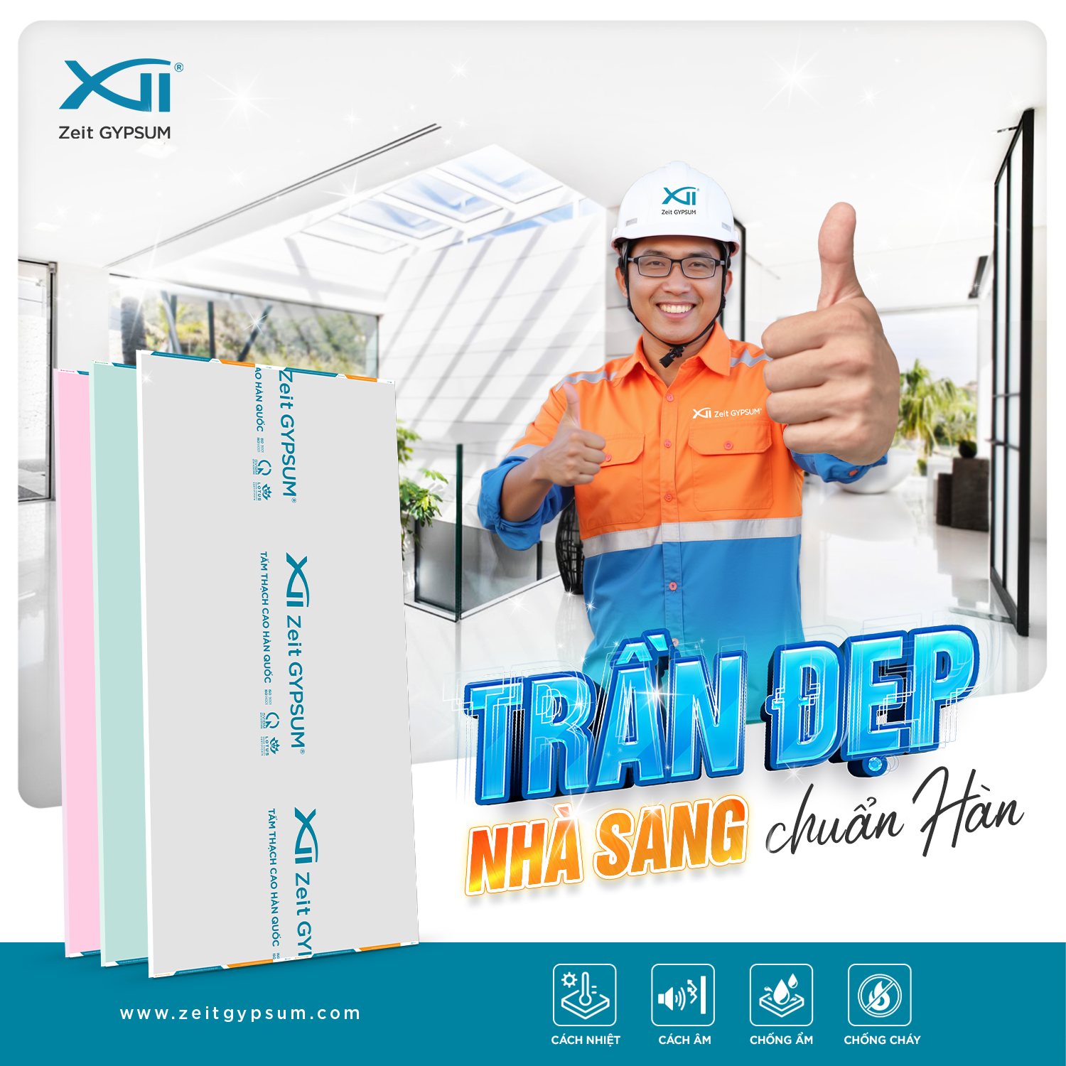 Banner quảng cáo trần thạch cao Zeit Gypsum với hình ảnh nhân viên mặc đồng phục cam-xanh và thông điệp "Trần đẹp nhà sang chuẩn Hàn